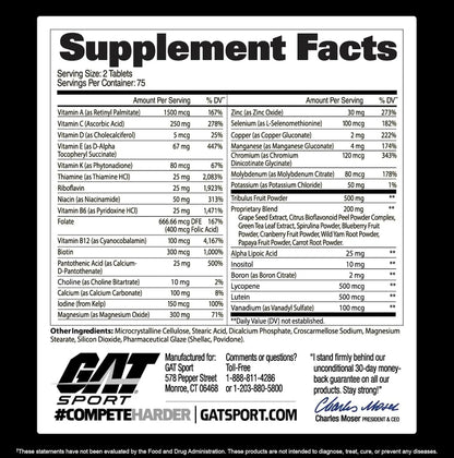 GAT SPORT Men'S Multi + Test, Premium Multivitamin Tablets (150 Count)
