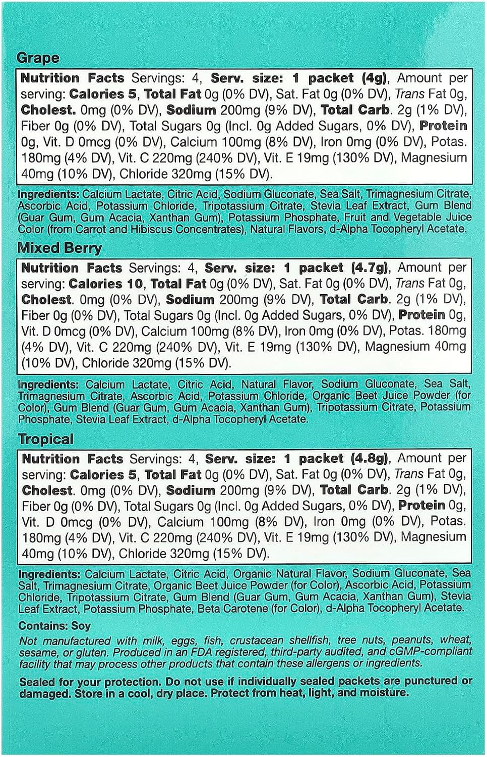 California Gold Nutrition Hydrationup®, Electrolyte Drink Mix with Calcium Lactate, Vitamins C & E, Variety Pack, 20 Packets, 0.14 Oz - 0.17 Oz (4 G - 4.8 G) Each