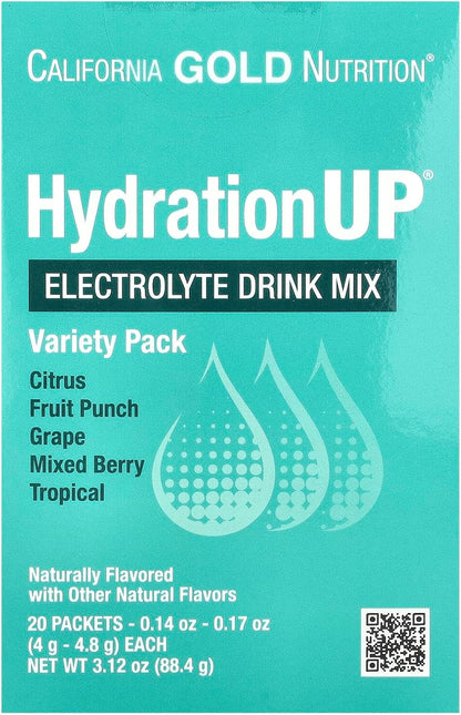 California Gold Nutrition Hydrationup®, Electrolyte Drink Mix with Calcium Lactate, Vitamins C & E, Variety Pack, 20 Packets, 0.14 Oz - 0.17 Oz (4 G - 4.8 G) Each