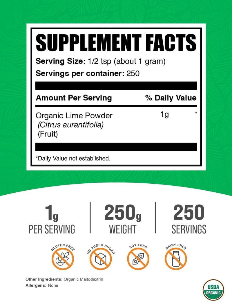 .Com Organic Lime Powder - Organic Lime Flavoring Powder, Sourced from Citrus Aurantifolia Fruit - Air Dried & Gluten Free, 1G per Serving, 250G (8.8 Oz) (Pack of 1)